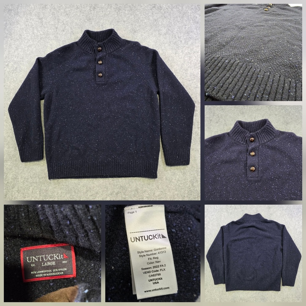 UNTUCKit Gordonne Sweater Mens‎ Large Navy Lambswool Mock Neck Henley Pullover